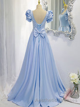 Blue Satin Backless Long Evening Prom Dresses, Blue Evening Prom Dresses